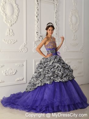 Strapless Zebra Organza Pick-up Purple Quinceanera Dress with Train