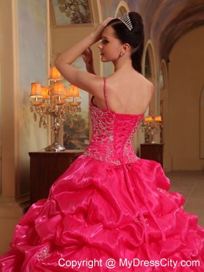 Organza Ruffles Spaghetti Straps Coral Red Quinceanera Dress with Chapel Train