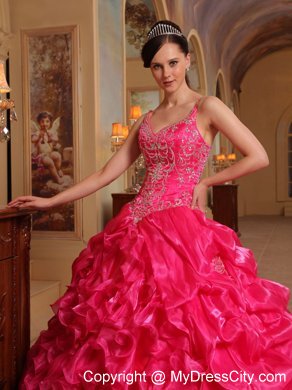 Organza Ruffles Spaghetti Straps Coral Red Quinceanera Dress with Chapel Train