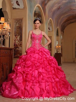 Organza Ruffles Spaghetti Straps Coral Red Quinceanera Dress with Chapel Train