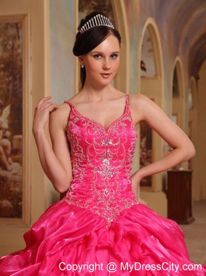 Organza Ruffles Spaghetti Straps Coral Red Quinceanera Dress with Chapel Train