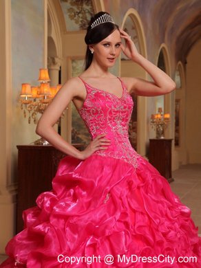 Organza Ruffles Spaghetti Straps Coral Red Quinceanera Dress with Chapel Train