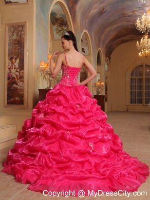 Organza Ruffles Spaghetti Straps Coral Red Quinceanera Dress with Chapel Train