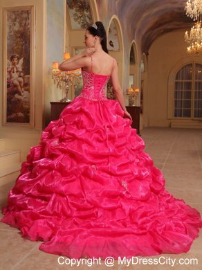 Organza Ruffles Spaghetti Straps Coral Red Quinceanera Dress with Chapel Train