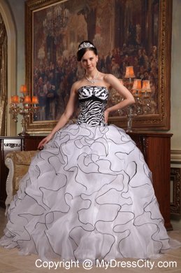 Black and White Strapless Organza Ruffles Zebra Quinceanera Dress 2013