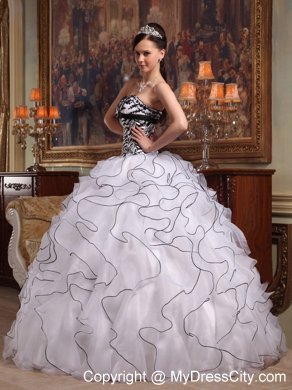 Black and White Strapless Organza Ruffles Zebra Quinceanera Dress 2013