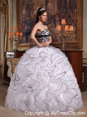 Black and White Strapless Organza Ruffles Zebra Quinceanera Dress 2013