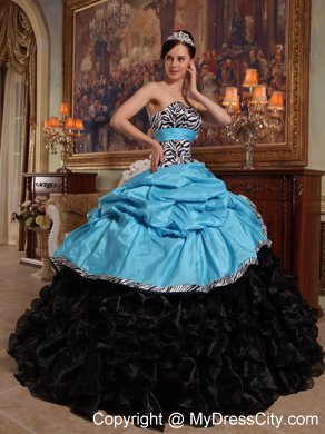 Zebra Strapless Ruffles Blue and Black Quinceanera Dress for Cheap