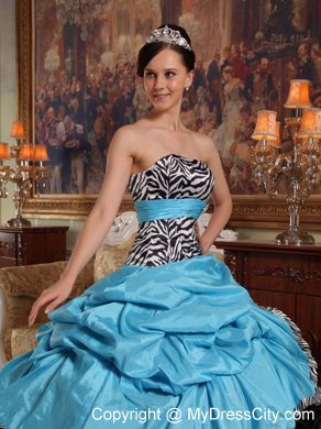 Zebra Strapless Ruffles Blue and Black Quinceanera Dress for Cheap