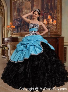 Zebra Strapless Ruffles Blue and Black Quinceanera Dress for Cheap