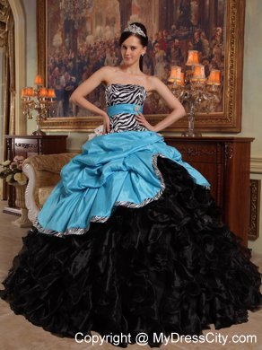 Zebra Strapless Ruffles Blue and Black Quinceanera Dress for Cheap