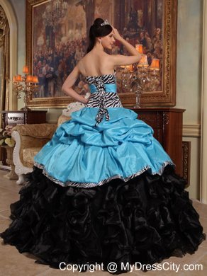 Zebra Strapless Ruffles Blue and Black Quinceanera Dress for Cheap