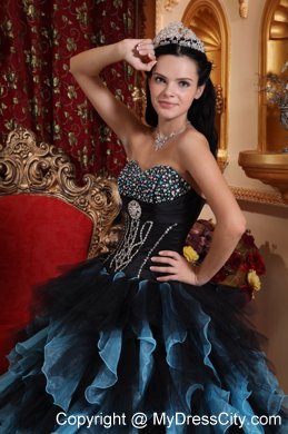 Black and Blue Organza Beading Ruffles 2013 Quinceanera Dress