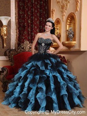 Black and Blue Organza Beading Ruffles 2013 Quinceanera Dress