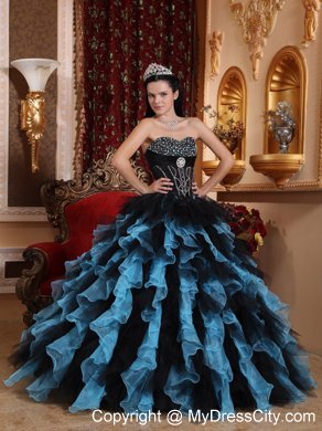 Black and Blue Organza Beading Ruffles 2013 Quinceanera Dress