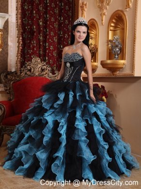 Black and Blue Organza Beading Ruffles 2013 Quinceanera Dress