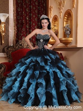 Black and Blue Organza Beading Ruffles 2013 Quinceanera Dress