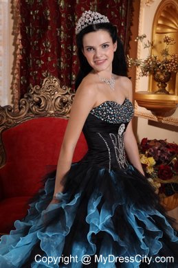 Black and Blue Organza Beading Ruffles 2013 Quinceanera Dress