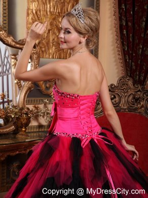 Hot Sale Beaded Strapless Bowknot Red and Black Quinceanera Dress