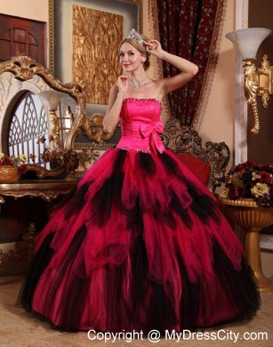 Hot Sale Beaded Strapless Bowknot Red and Black Quinceanera Dress