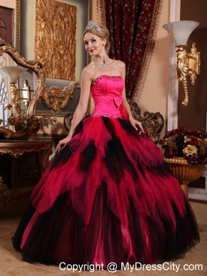 Hot Sale Beaded Strapless Bowknot Red and Black Quinceanera Dress