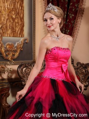 Hot Sale Beaded Strapless Bowknot Red and Black Quinceanera Dress