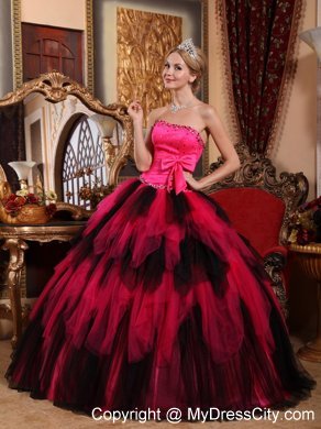 Hot Sale Beaded Strapless Bowknot Red and Black Quinceanera Dress