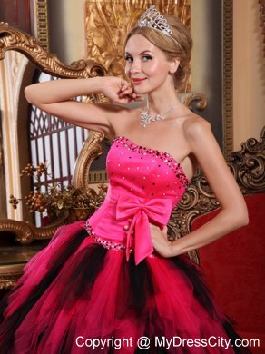 Hot Sale Beaded Strapless Bowknot Red and Black Quinceanera Dress