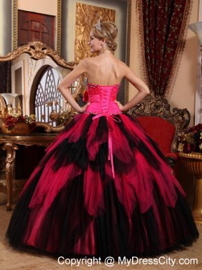 Hot Sale Beaded Strapless Bowknot Red and Black Quinceanera Dress