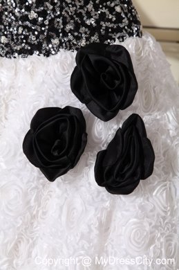 White and Black Flowers Quinceanera Dress with Special Embossed Fabric