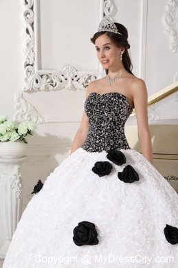 White and Black Flowers Quinceanera Dress with Special Embossed Fabric