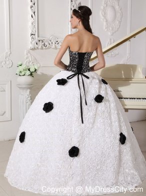 White and Black Flowers Quinceanera Dress with Special Embossed Fabric