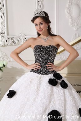 White and Black Flowers Quinceanera Dress with Special Embossed Fabric