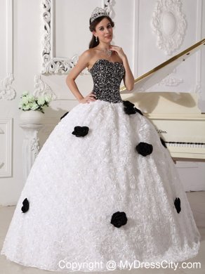 White and Black Flowers Quinceanera Dress with Special Embossed Fabric