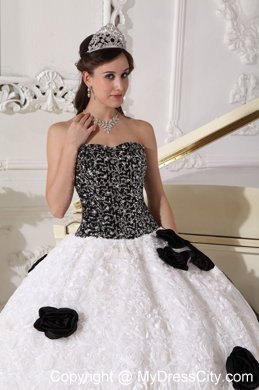 White and Black Flowers Quinceanera Dress with Special Embossed Fabric