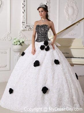 White and Black Flowers Quinceanera Dress with Special Embossed Fabric