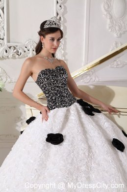 White and Black Flowers Quinceanera Dress with Special Embossed Fabric