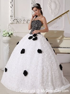 White and Black Flowers Quinceanera Dress with Special Embossed Fabric