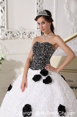 White and Black Flowers Quinceanera Dress with Special Embossed Fabric