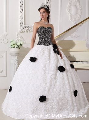 White and Black Flowers Quinceanera Dress with Special Embossed Fabric