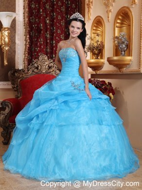 Strapless Beading Pick-up Aqua Blue Puffy Dress for Quince