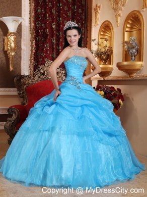 Strapless Beading Pick-up Aqua Blue Puffy Dress for Quince