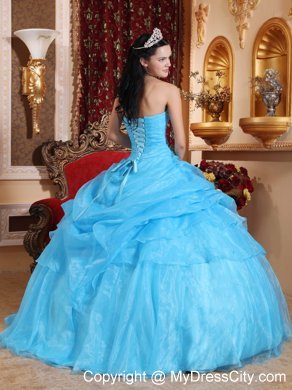 Strapless Beading Pick-up Aqua Blue Puffy Dress for Quince