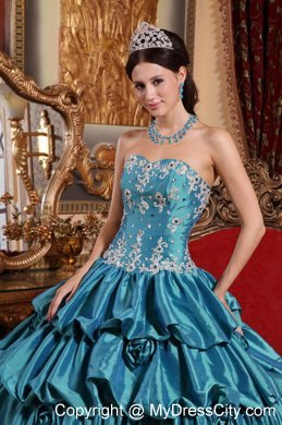 Taffeta Pick-up Teal Hand Flowers Quinceanera Dress with White Appliques