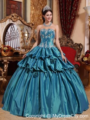 Taffeta Pick-up Teal Hand Flowers Quinceanera Dress with White Appliques