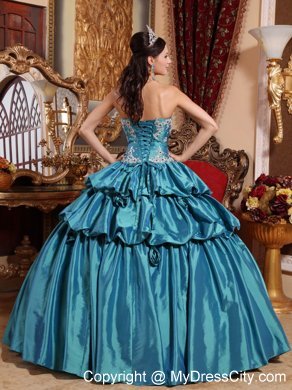 Taffeta Pick-up Teal Hand Flowers Quinceanera Dress with White Appliques