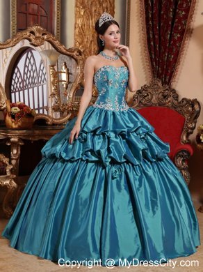 Taffeta Pick-up Teal Hand Flowers Quinceanera Dress with White Appliques