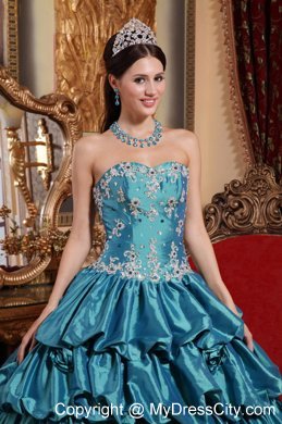 Taffeta Pick-up Teal Hand Flowers Quinceanera Dress with White Appliques