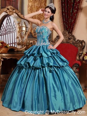 Taffeta Pick-up Teal Hand Flowers Quinceanera Dress with White Appliques