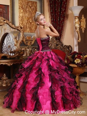 Sweetheart Beading Organza Ruffles Black and Red Quinceanera Dress